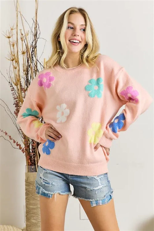 Y2K Flower Pop Pattern Oversized Knit Sweater