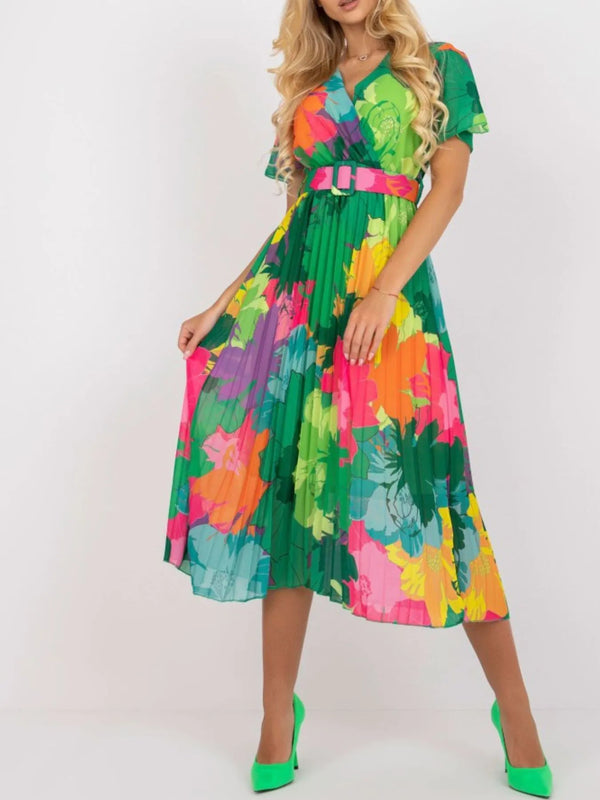 Printed Pleated Midi Wrap Dress with Belt