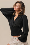 BiBi Smoking Waist Band and Puff Sleeves Deep V Neck Top
