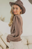 BiBi Smoking Waist Band and Puff Sleeves Deep V Neck Top