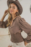 BiBi Smoking Waist Band and Puff Sleeves Deep V Neck Top