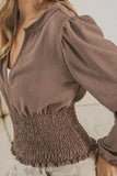 BiBi Smoking Waist Band and Puff Sleeves Deep V Neck Top