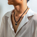 Black Acrylic Bead Choker - Geometric Stainless Steel Pendant - In Control Clothing