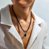 Black Acrylic Bead Choker - Geometric Stainless Steel Pendant - In Control Clothing