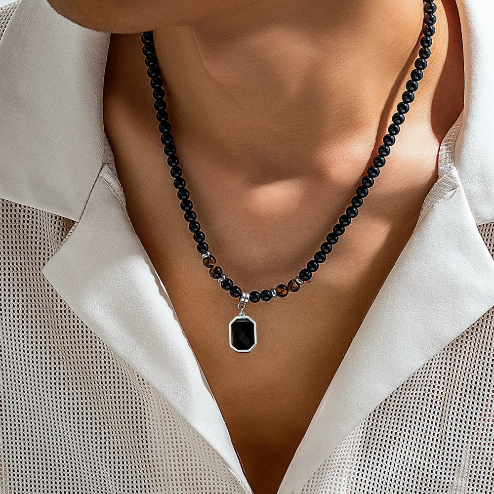 Black Acrylic Bead Choker - Geometric Stainless Steel Pendant - In Control Clothing