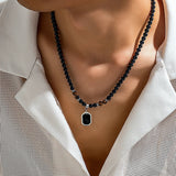 Black Acrylic Bead Choker - Geometric Stainless Steel Pendant - In Control Clothing