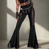 Black Bandage Punk Hollow Out Flare Pants - In Control Clothing