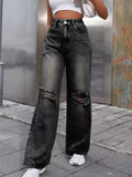 Black Distressed Wide Leg Jeans with Pockets
