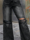 Black Distressed Wide Leg Jeans with Pockets