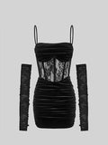 Black Velvet Ruched Elegant Corset Dress - In Control Clothing
