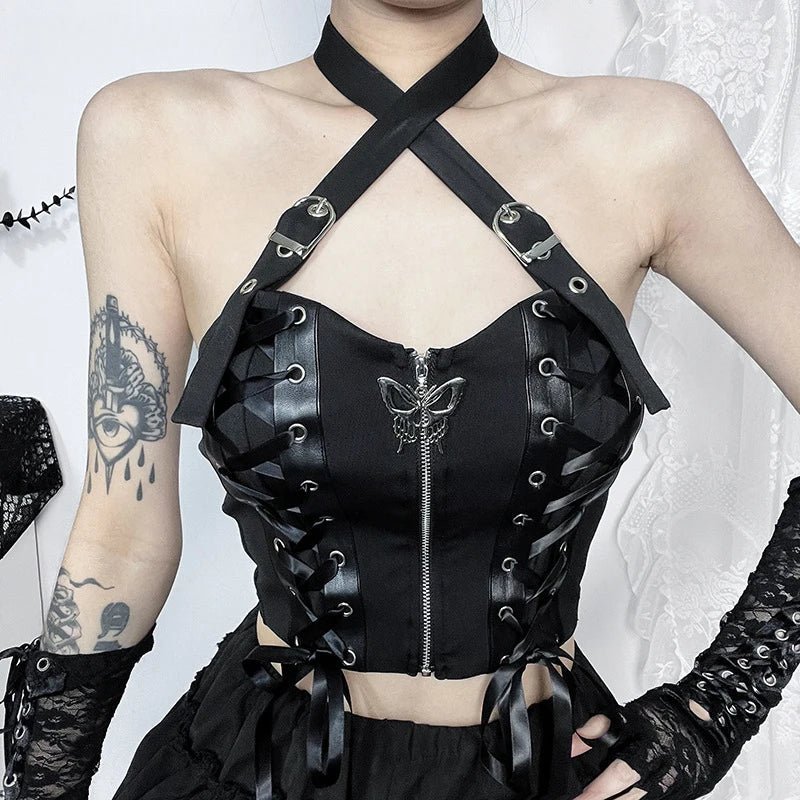 Butterfly Cross Halter Top - Women Goth Aesthetic - In Control Clothing