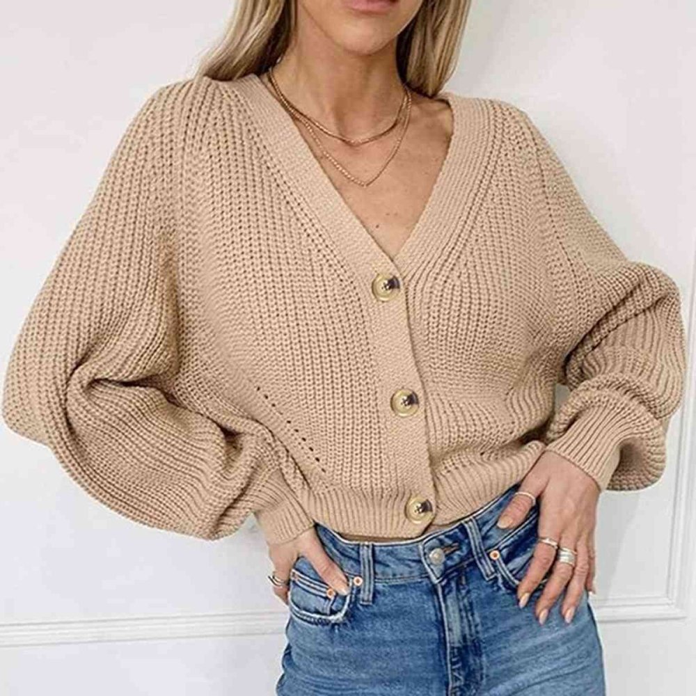 Button Up V - Neck Long Sleeve Cardigan