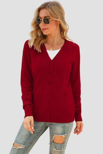 Button Up V - Neck Long Sleeve Cardigan