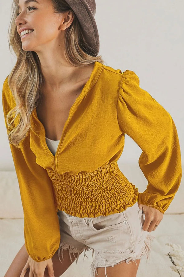 BiBi Smoking Waist Band and Puff Sleeves Deep V Neck Top