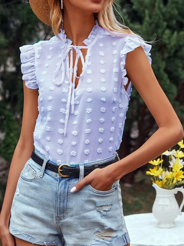 Vintage-Inspired Swiss-Dot Ruffle Tie Blouse