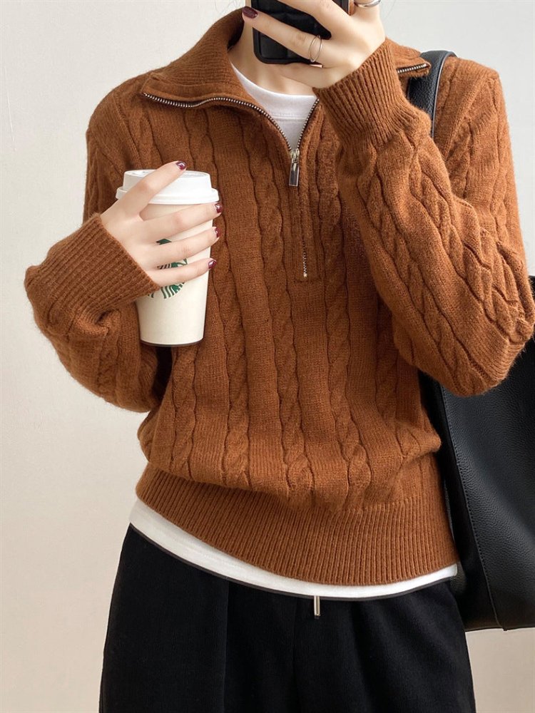 Cable - Knit Half Zip Long Sleeve Sweater