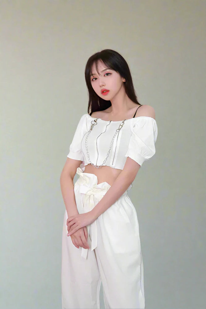 Chain Reaction - Off - Shoulder Black Blouse with Edgy Chains - In Control Clothing
