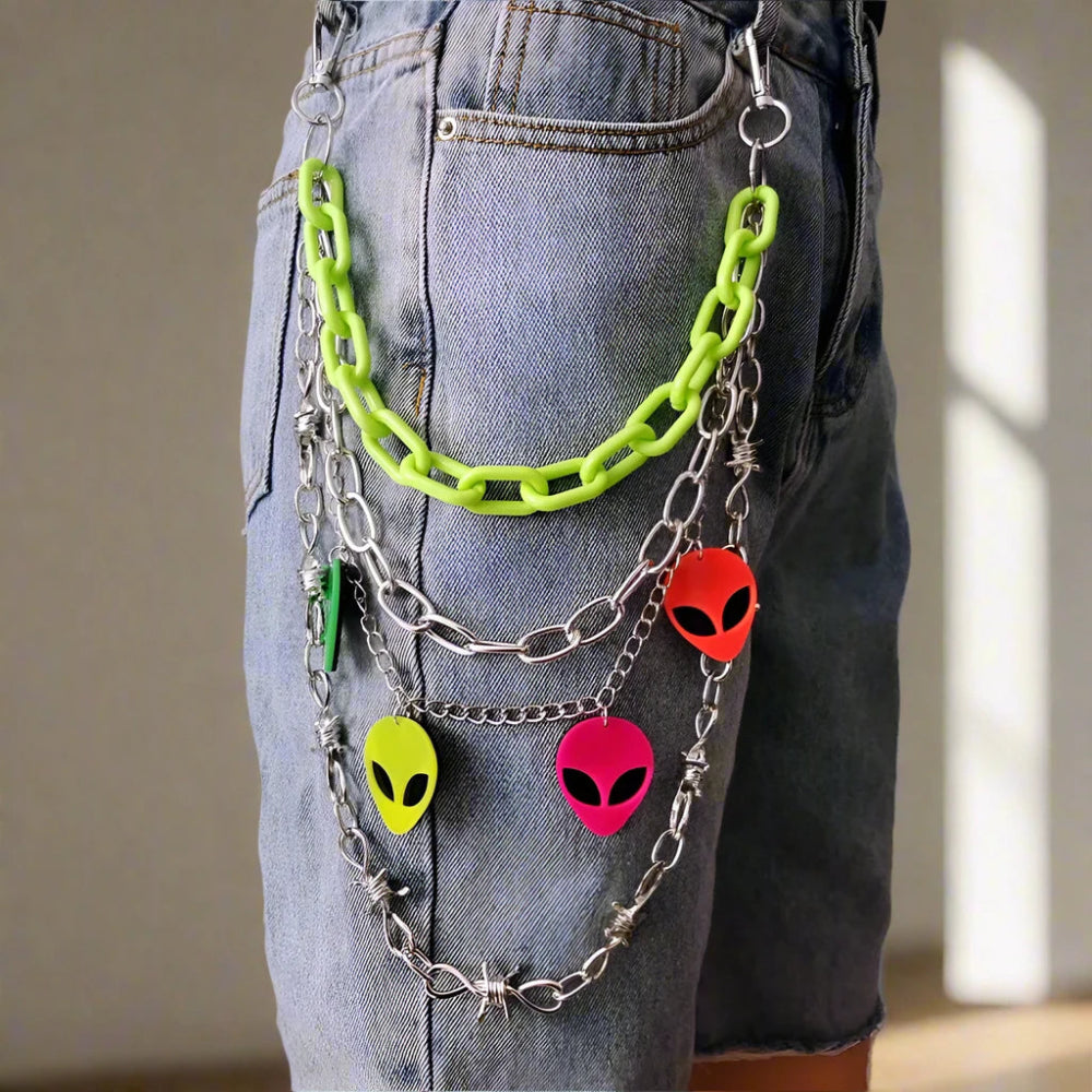 Colorful Alien Face Charm Keychain – Barbed Wire and Neon Chains - In Control Clothing