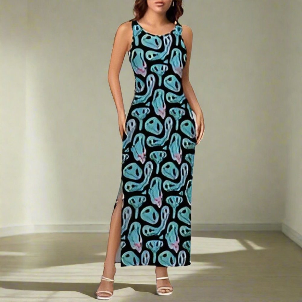 Colorful Smiley Sleeveless Bodycon Side Slit Midi Dress - In Control Clothing