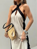 Contrast Halter Sleeveless Maxi Dress