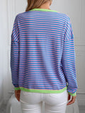Contrast Trim Striped V - Neck Long Sleeve Knit Top - In Control Clothing