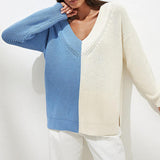 Contrast V - Neck Drop Shoulder Slit Sweater - In Control Clothing