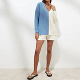 Contrast V - Neck Drop Shoulder Slit Sweater - In Control Clothing