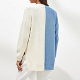 Contrast V - Neck Drop Shoulder Slit Sweater - In Control Clothing