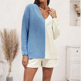 Contrast V - Neck Drop Shoulder Slit Sweater - In Control Clothing