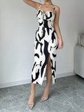 Cow Print Midi Dress with Slit - Spaghetti Strap Summer Dress