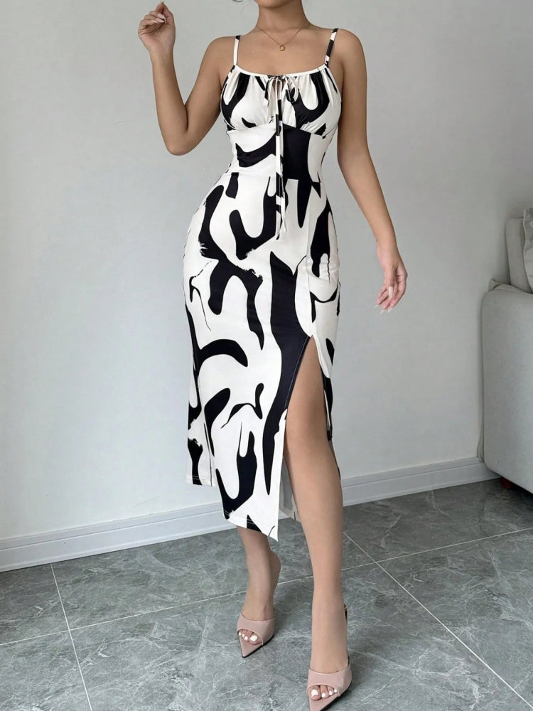 Cow Print Midi Dress with Slit - Spaghetti Strap Summer Dress
