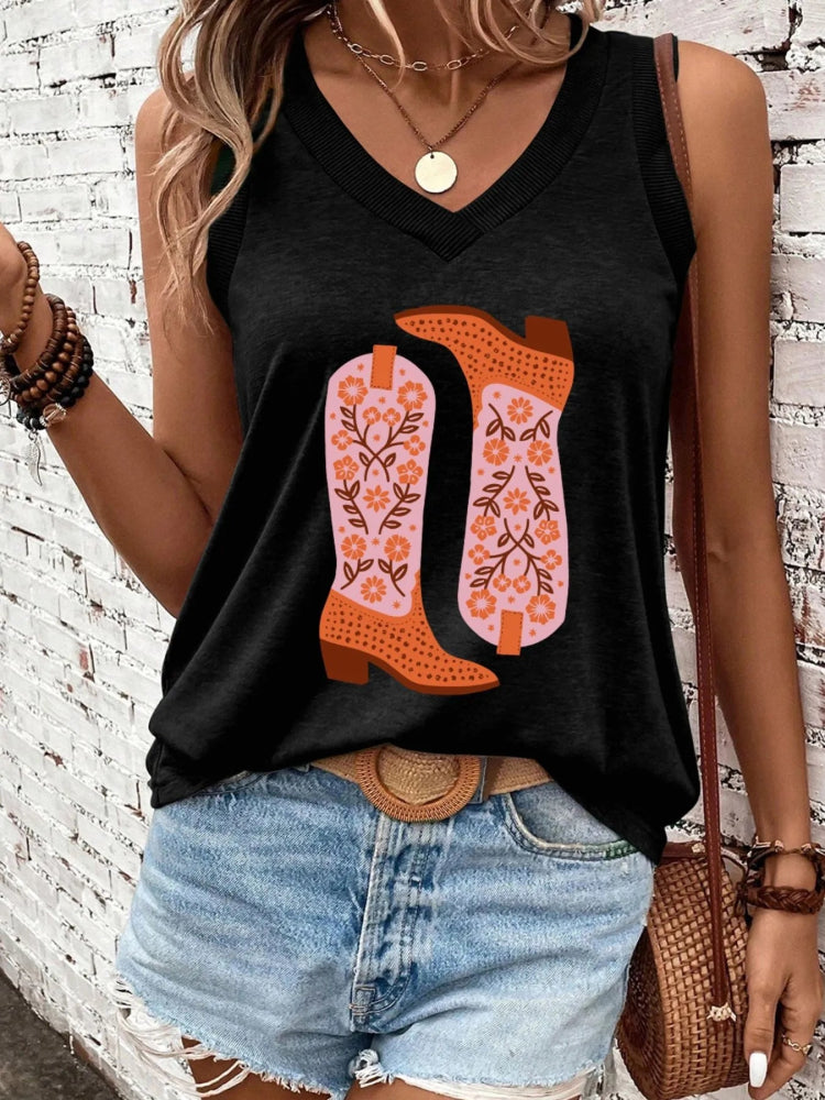 Cowgirl Floral Boots Printed Tank Top