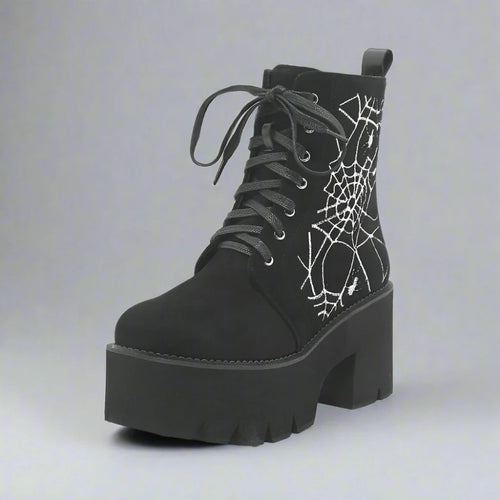 Creepy-Cute Spider Web Embroidered Goth Platform Boots for Women