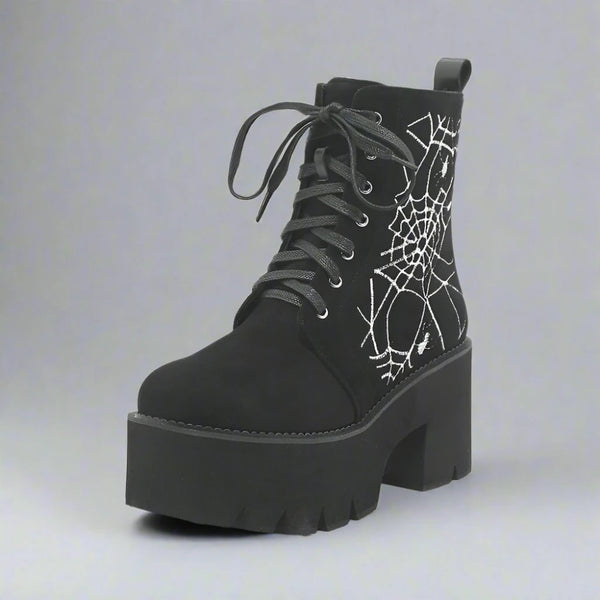 Creepy-Cute Spider Web Embroidered Goth Platform Boots for Women