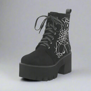Creepy-Cute Spider Web Embroidered Goth Platform Boots for Women