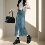 Cute Casual Denim Maxi Skirt – High Waist and Front Split Design - In Control Clothing