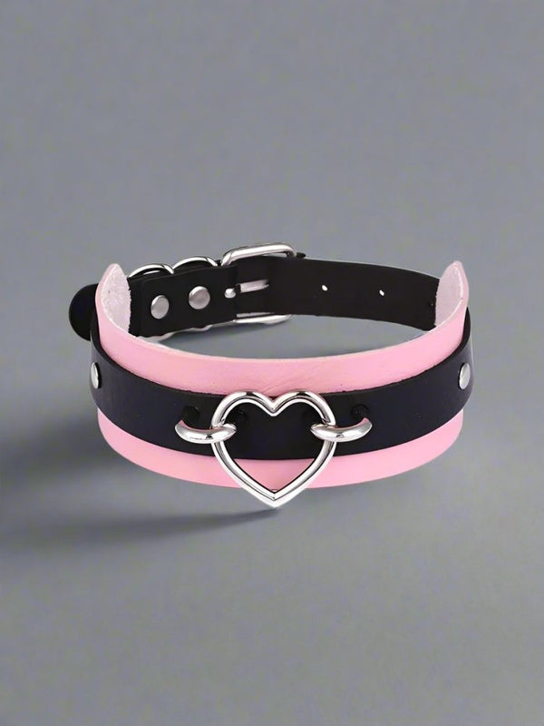 Cute Collar Necklace with Two-Tone Heart - Kawaii Pastel Goth Jewelry