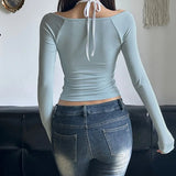Cute Coquette Bow Decorate Square Collar Long Sleeve T-shirt - In Control Clothing