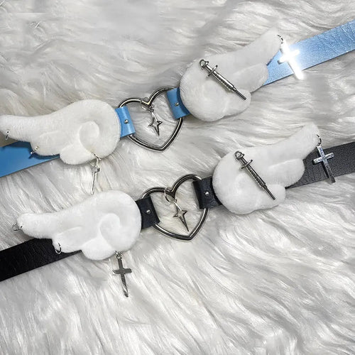 Cute Plush Winged Heart Necklaces with Cross and Sword Charms