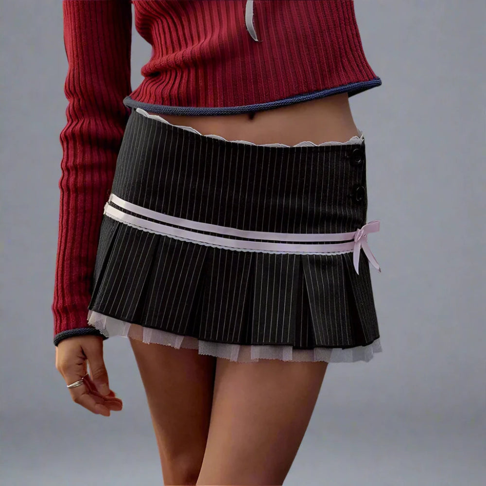 Cutecore Bow Striped Pleated Skirt - In Control Clothing