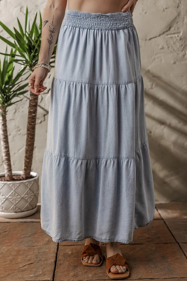 Tiered Wash Denim Maxi Skirt with Elastic Waist