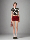 Dark Coquette Crop Top with White Ribbon Details - In Control Clothing