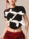 Dark Coquette Crop Top with White Ribbon Details - In Control Clothing