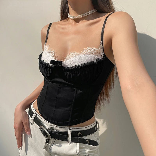 Dark Coquette Lace Trim Camisole with Ruffles and Bow