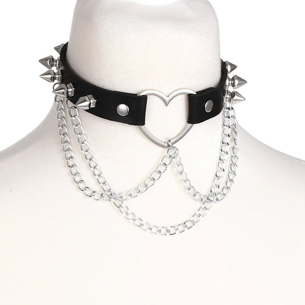 Double Chain Heart Choker - Edgy Leather Punk Necklace