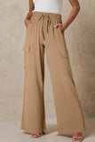 Drawstring Frilled Waist Wide Leg Utility Trousers