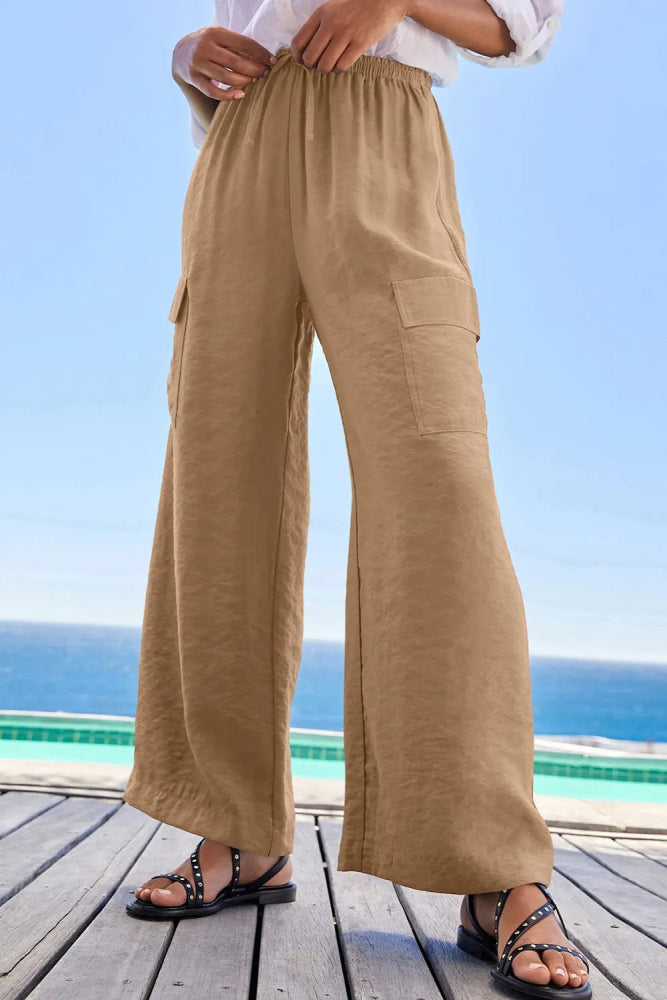 Drawstring Frilled Waist Wide Leg Utility Trousers