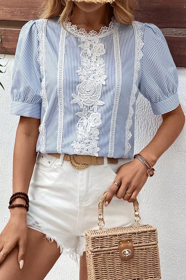 Lace Detail Striped Round Neck Half Sleeve Blouse