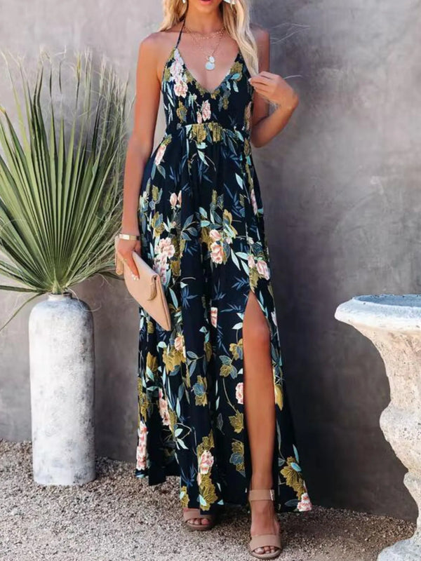 Floral Print Halter Neck Split Maxi Dress