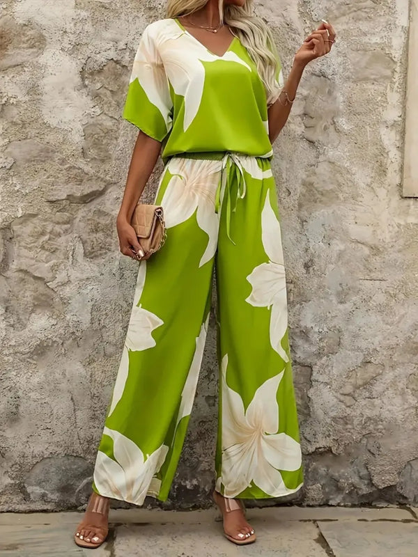 Two-Piece Boho Print V-Neck Top & Tie-Waist Wide-Leg Pants